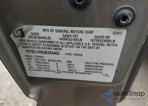 2003 GMC Sierra 1500 Sle z USA, uszkodzony, nr VIN 1GTEC14V53E250463